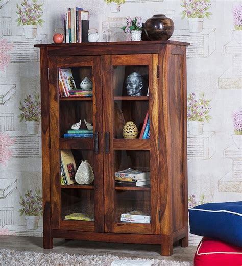 SHREE NATURAL® Solid Sheesham Wood Book Shelf with 2 Glass Door and 3 ...