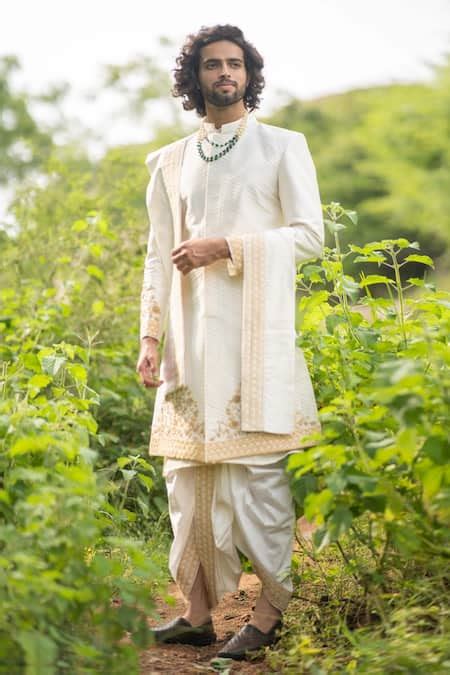 Buy Beige Dupion Silk Embroidered Floral Sherwani Set For Boys by Hilo ...