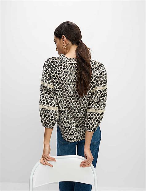 Buy Pure Cotton Printed Notch Neck Puff Sleeve Blouse at Marks & Spencer