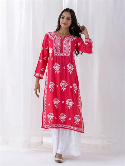 Red Hand Embroidery Chikankari Long Kurta - House Of Kari (Chikankari ...