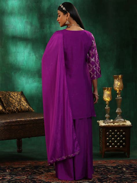 Buy Magenta Woven Design Silk Blend Straight Suit With Dupatta Online ...