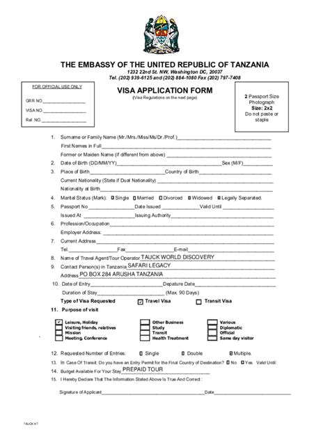 Kenya and Tanzania Visa Application Form - Blank Fillable Template ...