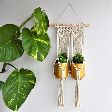 Boho-Chic Handmade Double Macrame Plant Hanger with Wooden Dowel – Ecofynd