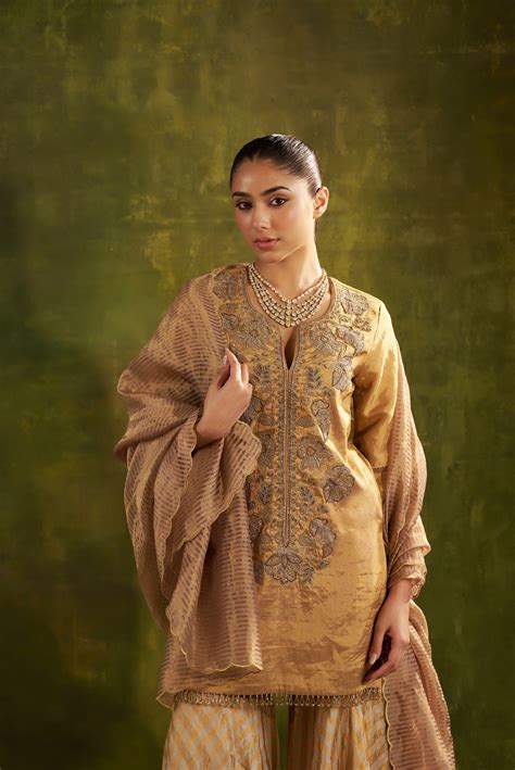 "Short shirt and check garara in tissue with garden theme embroidery a ...
