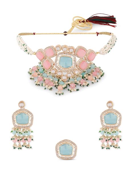 ZAVERI PEARLS Turquoise Blue & Pink Kundan Stones & Beads Choker ...