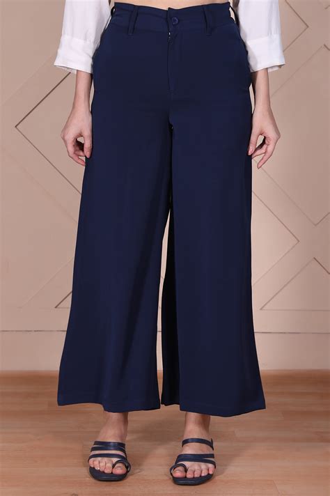 Navy Solid High Rise Ankle Length Wide Leg Boss Pants – wforwoman