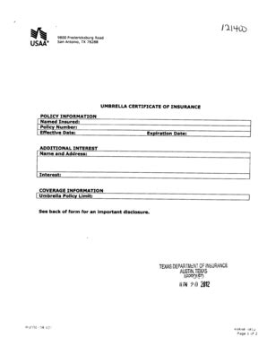 USAA Umbrella Certificate Of Insurance - Tdi Texas - Fill and Sign ...