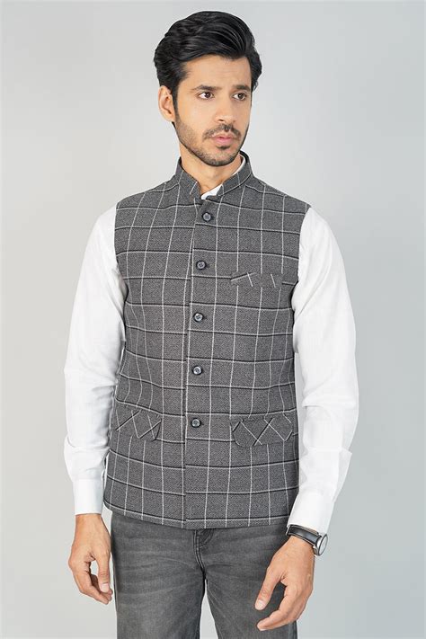 Buy Wintage Men's Tweed Check Grey Nehru Jacket