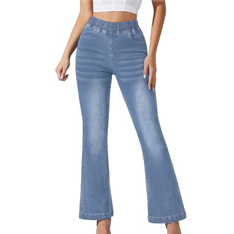 Jeans Women Pull On High Waisted Stretchy Elastic Waist Bootcut Flared ...