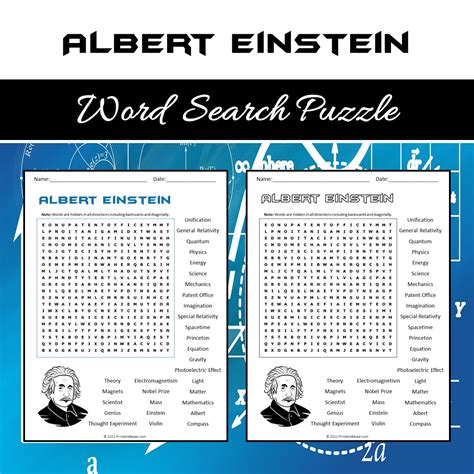 Albert Einstein Word Search Puzzle Worksheet PDF – PrintableBazaar