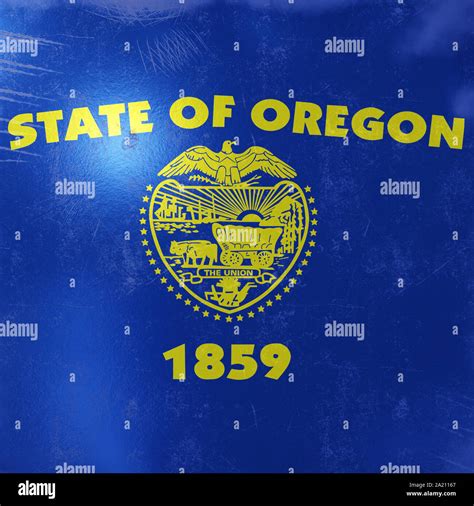 3d rendering of a rusty and old Oregon State flag on a metallic surface ...