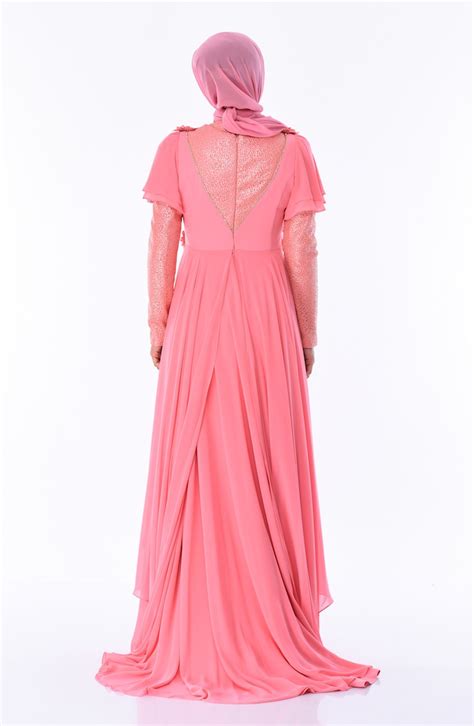 Çiçek Broşlu Abiye Elbise 7024-04 Mercan | Sefamerve