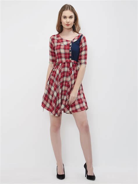 Tartan Plaid Belted Flared Blue Flap A Line Midi Dress