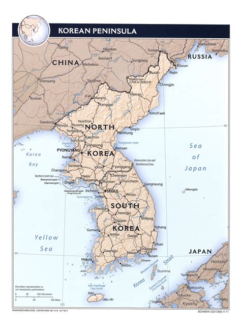 Large political map of Korean Peninsula with relief, roads, railroads and major cities - 2011 ...