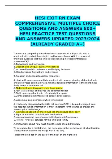 HESI EXIT RN EXAM COMPREHENSIVE, MULTIPLE CHOICE QUESTIONS AND ANSWERS ...