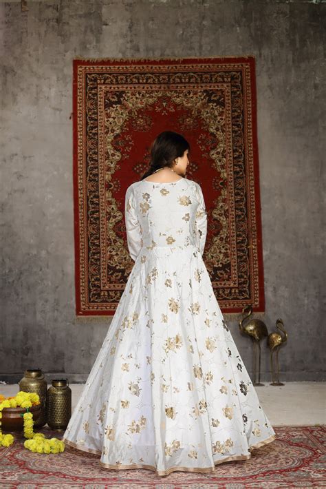 White Foilage Print Taffeta Silk Party Wear Gown Semi Stitch