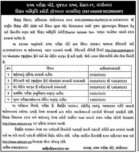 Gujarat TAT Notification 2023 Out For Higher Secondary
