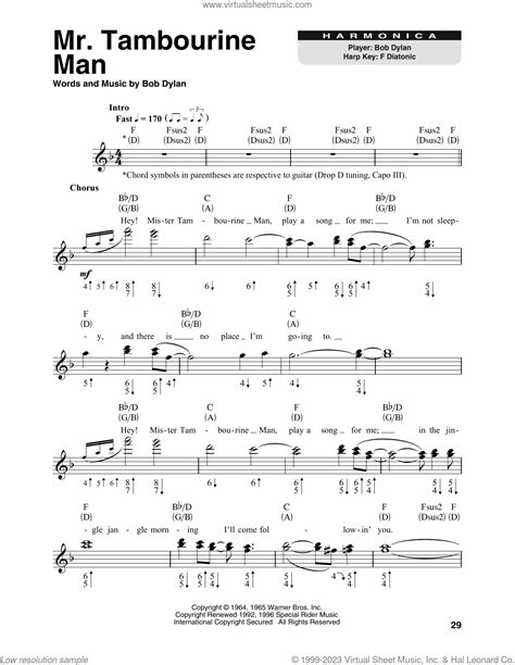 Mr. Tambourine Man sheet music for harmonica solo v2