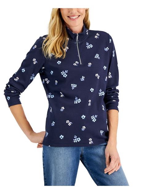 KAREN SCOTT SPORT Womens Navy Cotton Blend Slitted Floral Long Sleeve ...