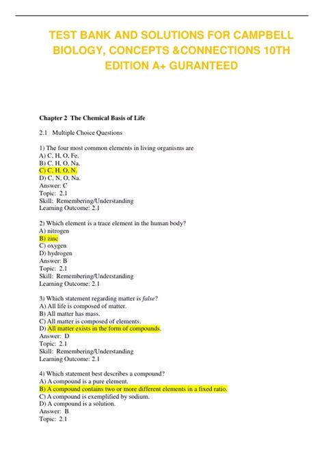 TEST BANK AND SOLUTIONS FOR CAMPBELL BIOLOGY, CONCEPTS &CONNECTIONS ...