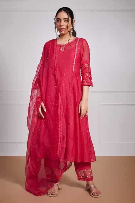 Buy Red Chanderi Embroidery, Mirrors, Pearls Kashfiya Mukaish Flared ...