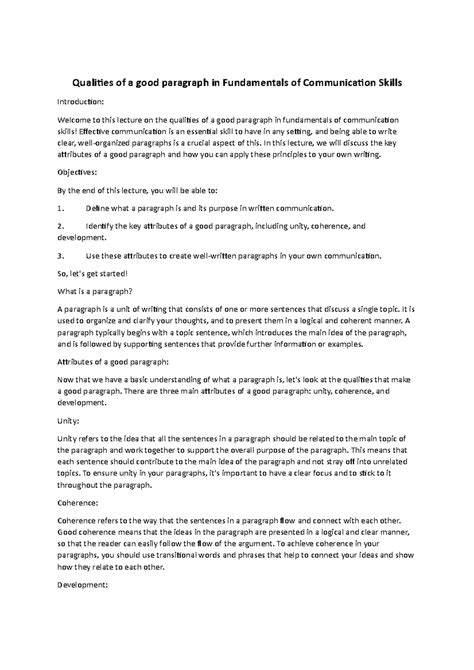 Qualities of a good paragraph - In this lecture, we will discuss the ...