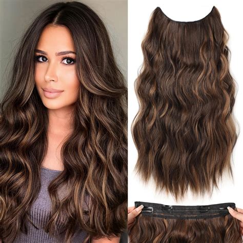 Amazon.com : Invisible Wire Hair Extensions 20 Inch Long Wavy Dark ...