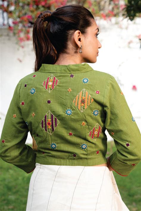 Paheli Green Shirt-Collar Cotton Blouse With Pakka Hand Embroidery ...