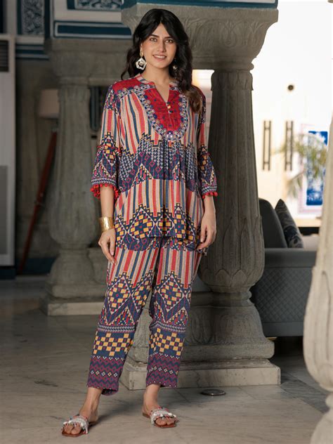 Red Abstract Rayon Co-Ord Set with Mirror Work & Embroidery | Juniper ...