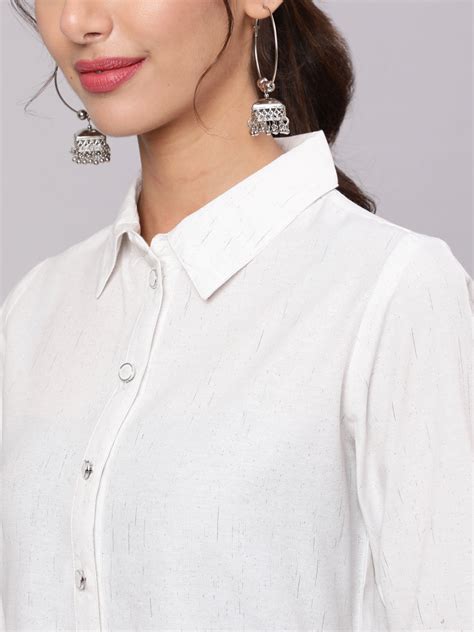 White Cotton Collar Neck Shirt | Shirts For Women | Jaipur Kurti