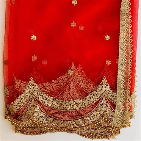 Red Sequin Zari Scalloped Net Dupatta – anokherang
