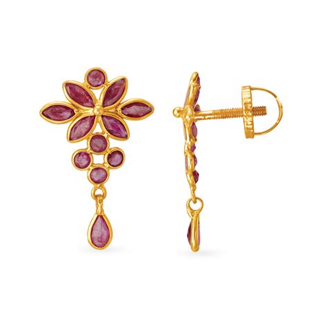 Graceful 22 Karat Gold And Ruby Floral Drop Earrings