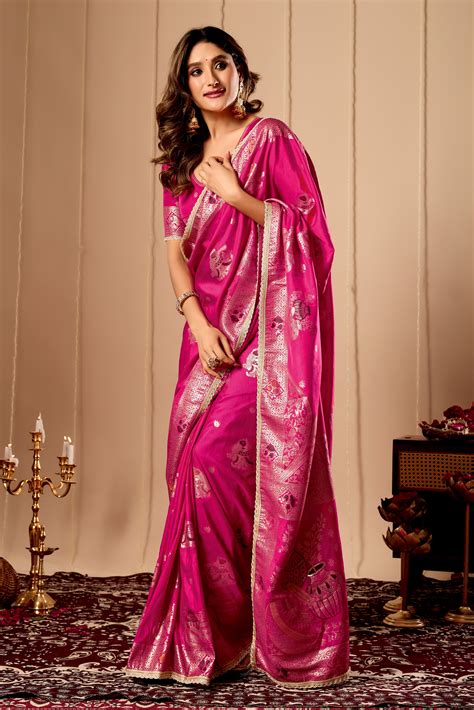 Luxurious Fuchsia Pink Satin Silk Saree with Rich Gold Zari Weaving an ...