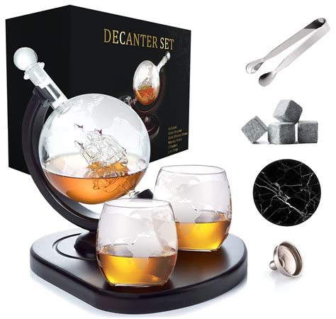 Whiskey Decanter Globe Set with 2 Etched Globe Whisky Glasses ...