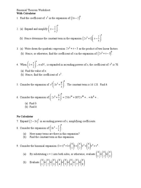 Image result for Binomial Theorem Worksheet
