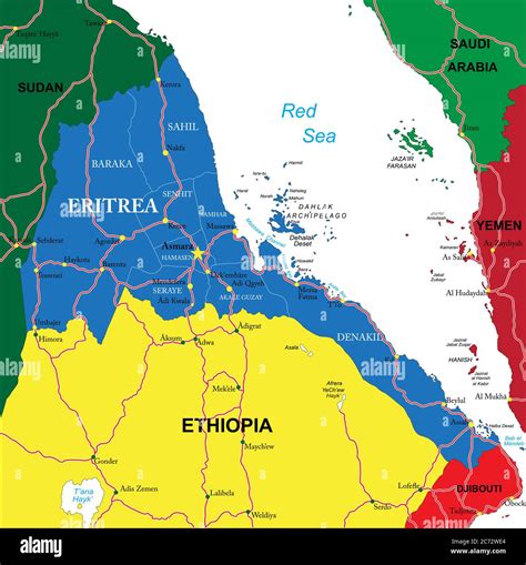 Highly detailed vector map of Eritrea with administrative regions, main cities and roads Stock ...