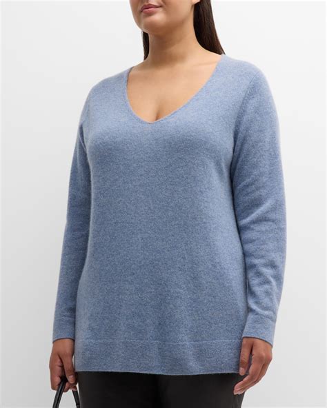 Neiman Marcus Cashmere Collection Plus Size Cashmere V-Neck Sweater ...