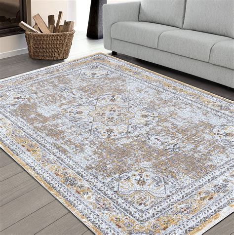 HR Area Rug 10x13 Large Traditional Rug Gold Vintage Floor Mat Thin and ...