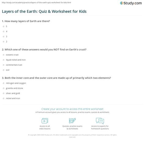 Layers of the Earth: Quiz & Worksheet for Kids | Study.com