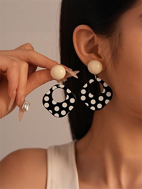 Women's Retro Polka Dot Statement Earrings - Bold Black and White Drop ...