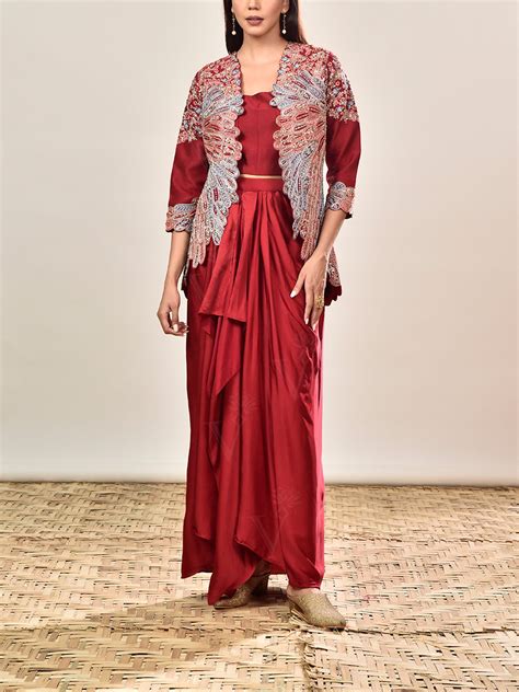 Buy Maroon Silk Embroidered Jacket and Drape Skirt Set Online | Vasansi ...