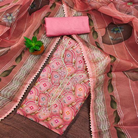 Pink Floral Printed Organza Dress Material With Sequins Embroidery & H