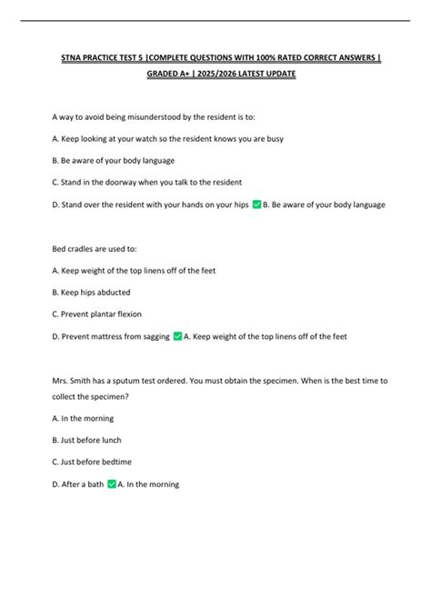 STNA PRACTICE TEST 5 |COMPLETE QUESTIONS WITH 100% RATED CORRECT ...