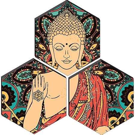 SAF Set of 3 Hexagon Buddha MDF Board UV Textured Painting 17 Inch X 17 ...