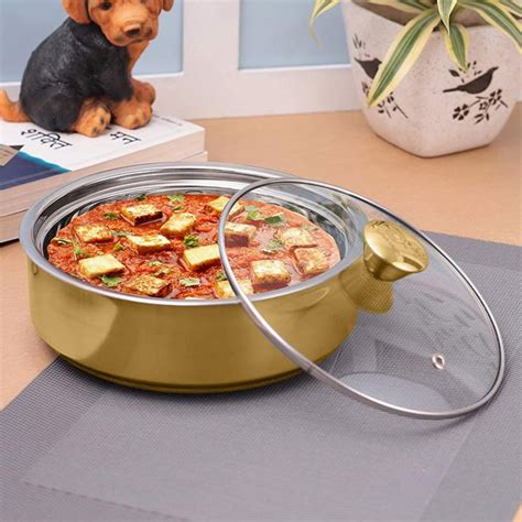 Buy CROWN CRAFT Roti Server Gold Stainless Steel Server with Glass Lid ...