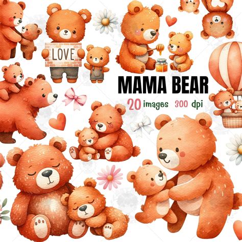 Mama Bear Watercolor Clipart, Mother Day, Baby Bear, Cute Bear Clipart ...