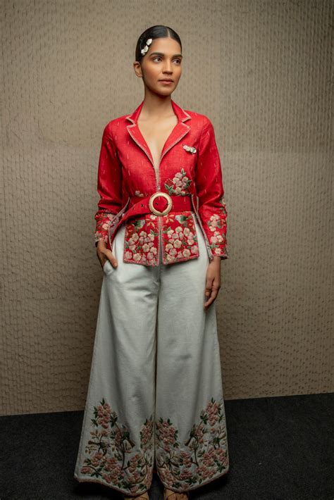 Red cotton jamdani embroidered shacket with belt