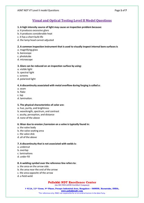 Visual and Optical Testing Level II Questions and answers - Pallakki NDT Excellence Center **(An ...