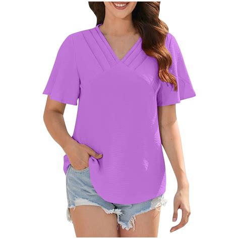 ALLLIST Solid Women Tops Purple V-Neck Elbow-Length T-Shirts Summer ...