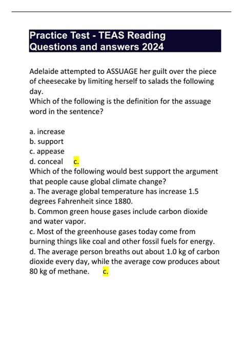 Practice Test - TEAS Reading Questions and answers 2024 - ATI TEAS 7 ...